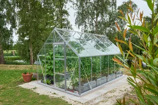 HALLS szklarnia ogrodowa Universal 128 srebrna (9.9 m2; 2,57 x3,84 m), szkło hartowane + baza - Szklarnie ogrodowe - miniaturka - grafika 6