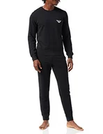 Bluzy męskie - Emporio Armani Męska bluza ze stretchem Terry Loungewear + spodnie z mankietami, czarny, L - miniaturka - grafika 1