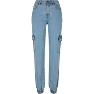 Spodnie damskie - URBAN CLASSICS Dżinsy Cargo damskie spodnie BIO bawełna z wysokim stanem, elastyczne kostki boczne kieszenie, różne kolory dostępne, rozmiary 26-34, Niebieski (Clearblue Bleached), 28 - miniaturka - grafika 1