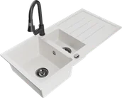 Zlewozmywaki z baterią - Mexen Andres zlewozmywak granitowy 1,5-komorowy z ociekaczem i baterią kuchenną Elia, biały - 6515-20-670101-70 - miniaturka - grafika 1