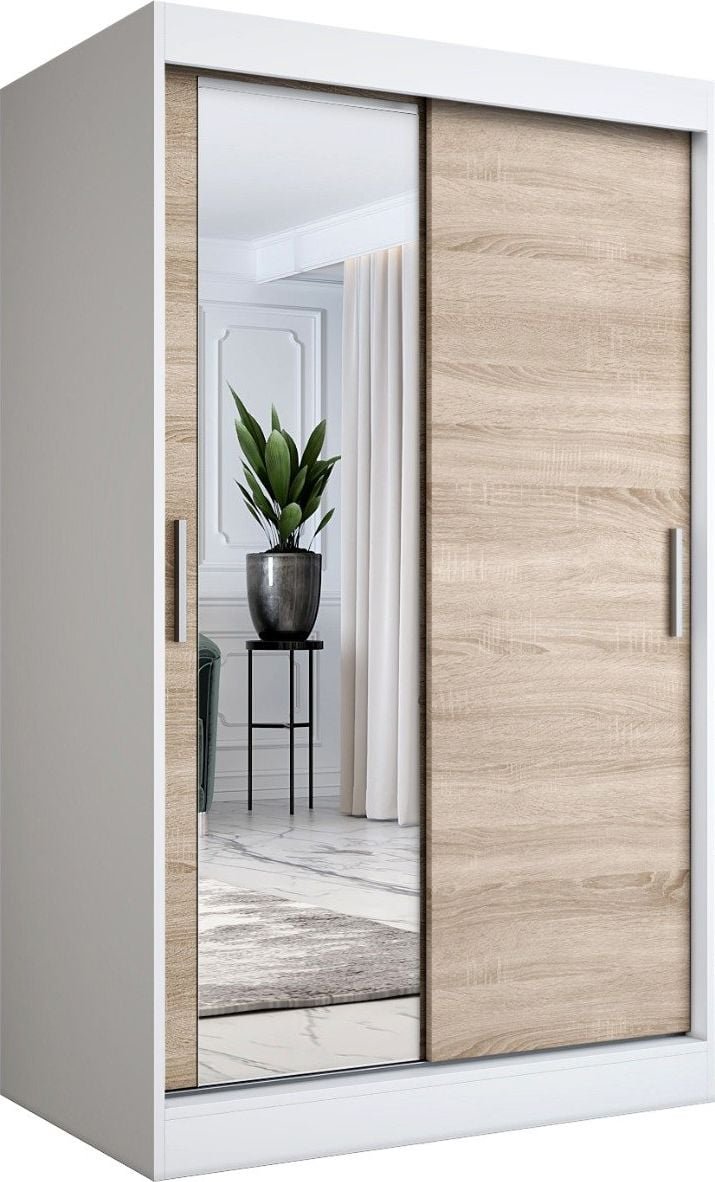MKPOL Szafa przesuwna MODUO COMFORT 120 biała mat/dąb sonoma z lustrem po lewej
