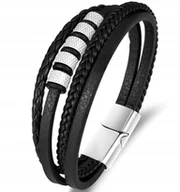 Bransolety męskie - BRANSOLETKA MĘSKA SKÓRZANA POCZWÓRNA SREBRNA STAL CHIRURGICZNA MODNA MOCNA - miniaturka - grafika 1