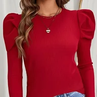 Bluzki damskie - TEMU Kobieca Elegancka Bluzka z Długim Rękawem w Jednolitym Kolorze z Bufkami na Ramionach i Marszczeniami - Okrągły Dekolt, Regularny Krój, Pranie - miniaturka - grafika 1