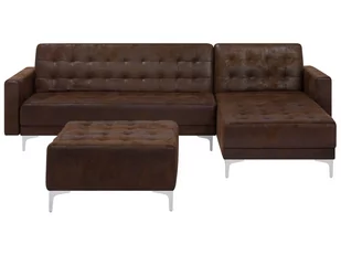 Beliani Sofa rozkładana imitacja skóry Old Style brąz lewostronna z otomaną AB - Sofy i kanapy - miniaturka - grafika 1
