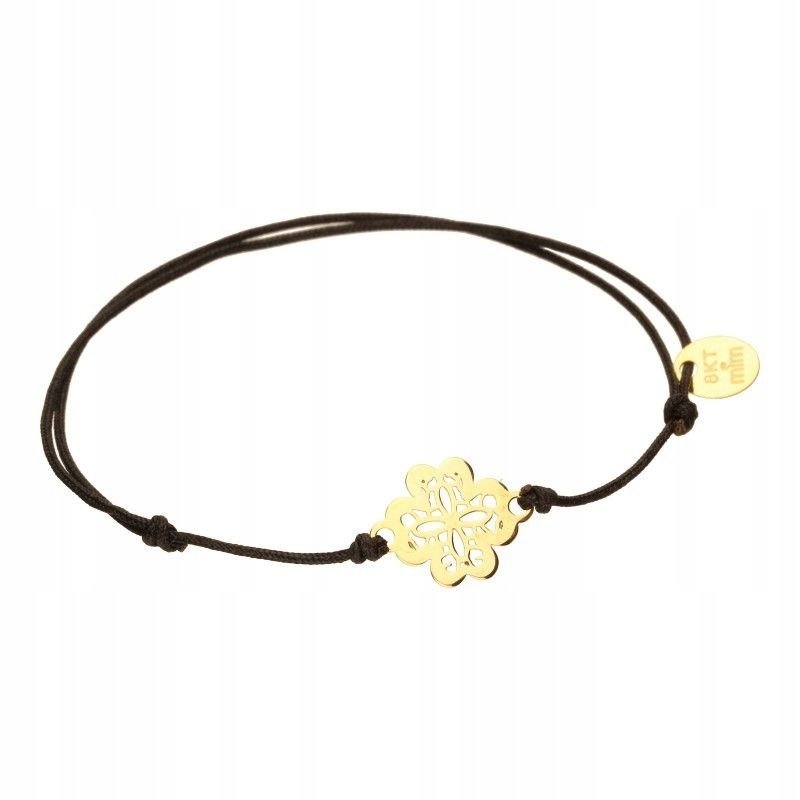 Elegancka Bransoletka ze Złota 14K na Czarnym Sznurku z ażurowym kwiatkiem
