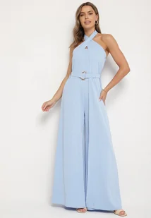 Niebieski Koktajlowy Kombinezon Wiązany na Szyję z Paskiem Melafela - Kombinezony - miniaturka - grafika 1