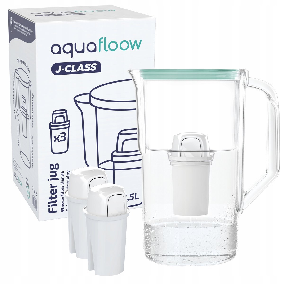 Dzbanek plastikowy AquaFloow J-CLASS 2,5l miętowy + 3x filtr wkład wody