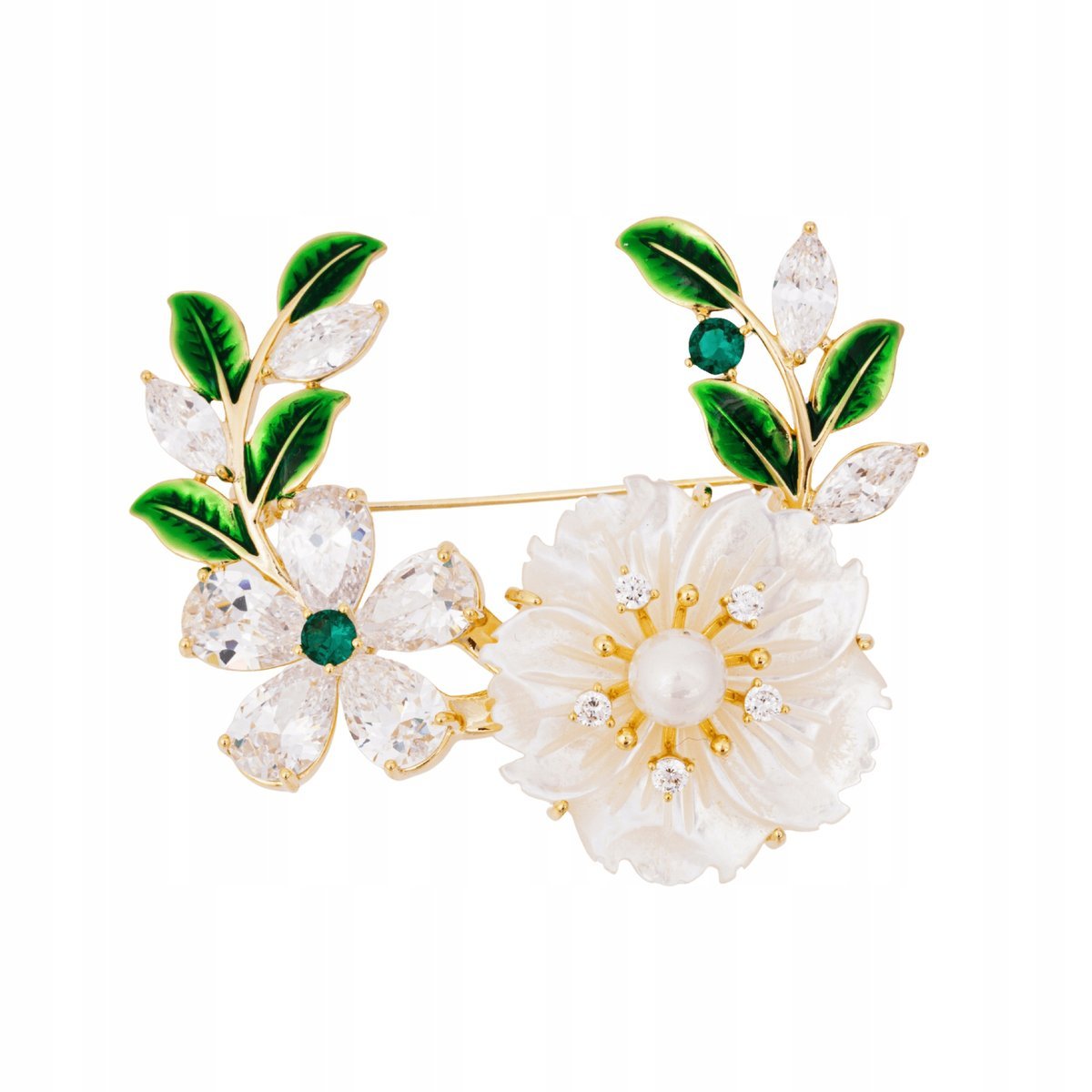 Elegancka Pozłacana broszka Pinets białe kwiaty z cyrkoniami