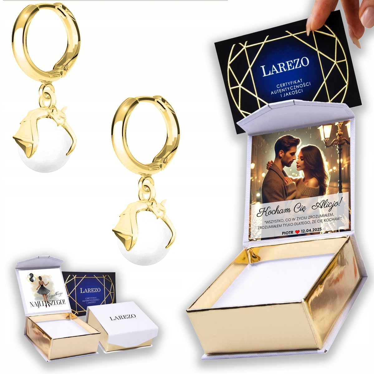 Złote Kolczyki 925 z Nietoperzami Nietoperze Białe Perły Perła NADRUK