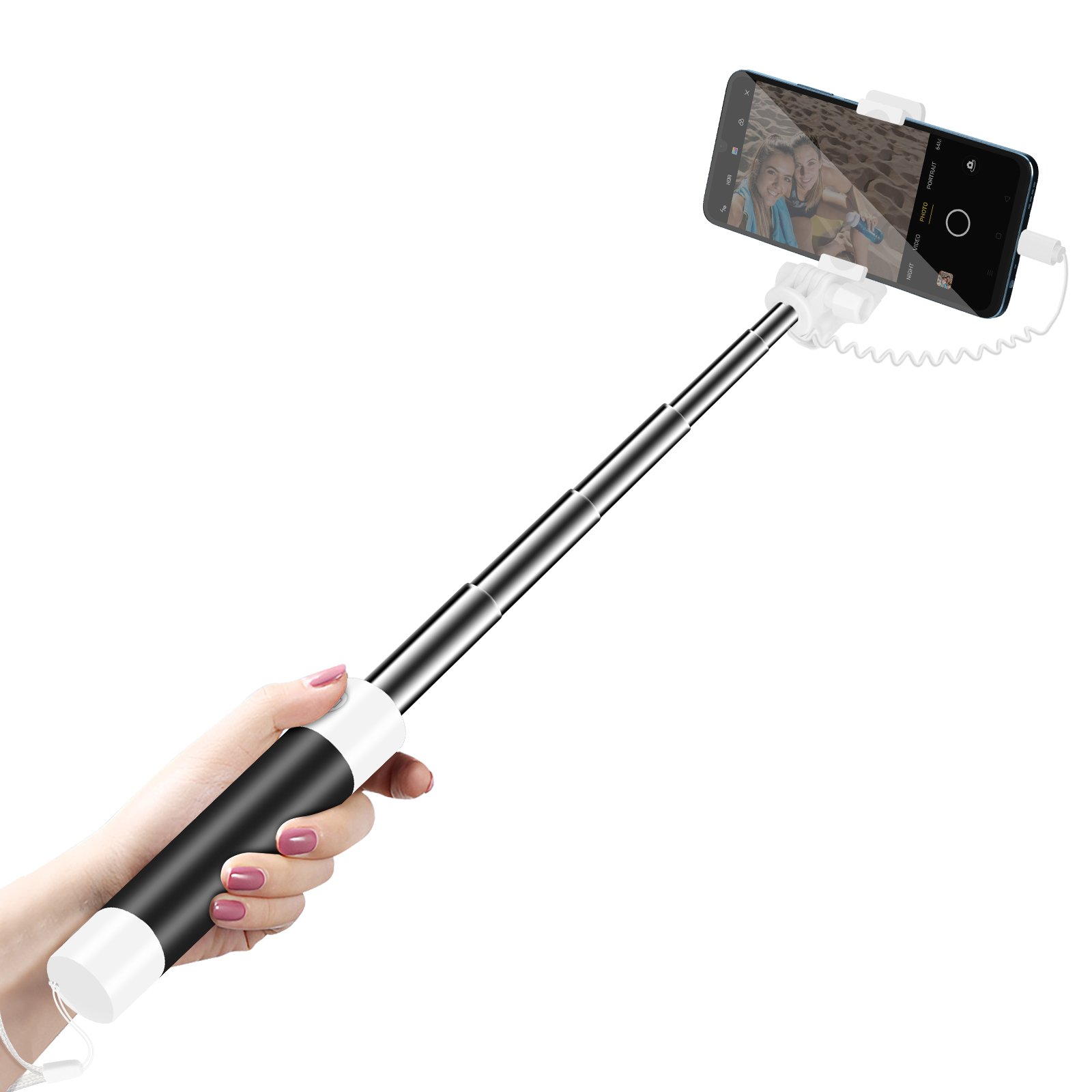 LinQ, selfie stick USB-C z lusterkiem i spustem migawki, biały