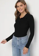 Bluzki damskie - Czarna Bawełniana Bluzka Prążkowana z Kołnierzykami i Guzikami Aneses - miniaturka - grafika 1