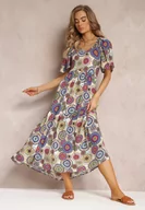 Sukienki - Biało-Granatowa Wiskozowa Sukienka Maxi w Kwiaty z Rozkloszowanym Dołem i Falbanką Pathna - miniaturka - grafika 1