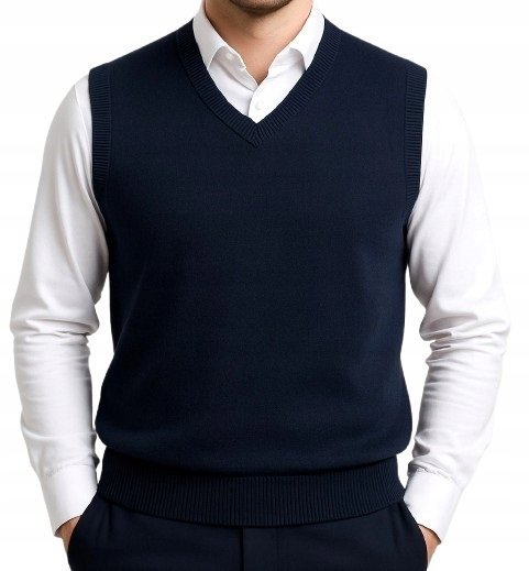 Sweter męski bez rękawów bezrękawnik pulower kamizelka męska z kaszmirem L granatowy