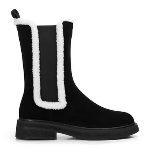 Damskie sztyblety zamszowe ze sztucznym kożuszkiem - Półbuty męskie - miniaturka - grafika 1