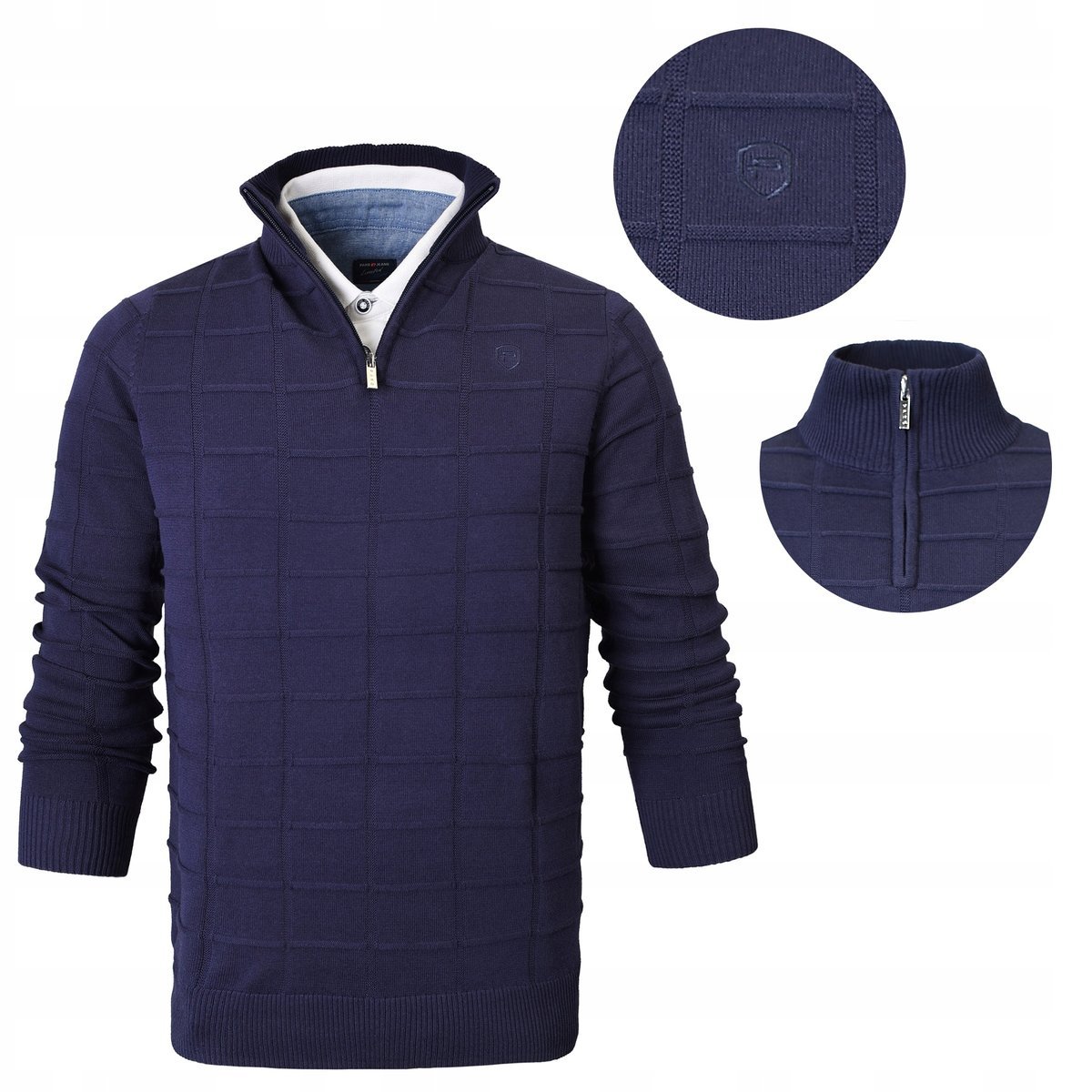 SWETER Męski z Rozpinanym Półgolfem na Suwak Bawełna GRANATOWY L Pako Jeans