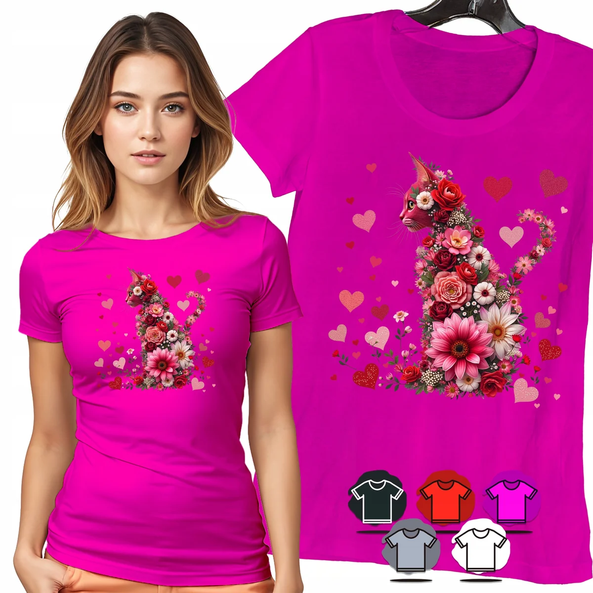 KOSZULKA DAMSKA T-SHIRT - LAMA KWIATY SERCA RÓŻOWY DAMSKI MOTYW MODA - S