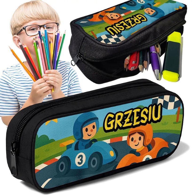 Piórnik TUBA + IMIĘ Wyścigi Samochodowe Personalizowany Szkolny Prezent