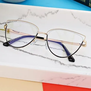 Damskie okulary kocie zerówki do komputera BLUE LIGHT 25111 Złoty/Czarny - Okulary korekcyjne, oprawki, szkła - miniaturka - grafika 1