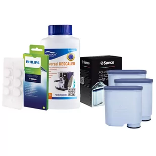 Zestaw Philips - Filtr Philips Aquaclean CA6903 3szt, Uniwersalny Odkamieniacz 250ml, Philips CA6704/10 Tabletki Czyszczące - Akcesoria i części do ekspresów do kawy - miniaturka - grafika 1