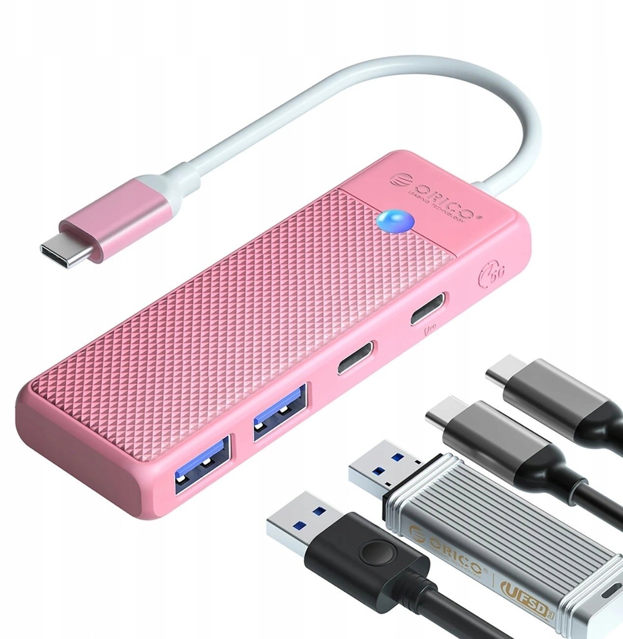 HUB USB Orico 4-portowy 2x USB-A 3.0 1x USB-C 3.0 z ładowaniem USB-C PD 100 W 0,15 m - różowy PAPW2AC-C3-C3 6941788869196