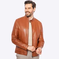 Kurtki męskie - Męska kurtka biker ze skóry z przeszyciami jasny brąz - miniaturka - grafika 1