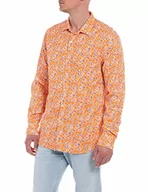 Koszule męskie - Replay Męska koszula z długim rękawem z mieszanki bawełny, pomarańczowa (Orange With Printed Flowers 010), L, Lt Brown With Printed Flowers 010, L - miniaturka - grafika 1
