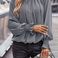 Koszule damskie - TEMU Bluzka z Eleganckimi Rękawami w Stylu Vintage dla Kobiet - Miękki Okrągły Dekolt, Długi Rękaw, Jednokolorowa na Każdą Porę Roku, Bluzka Crop Top - miniaturka - grafika 1