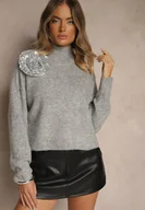 Swetry damskie - Jasnoszary Golf z Wełną o Kroju Oversize z Kwiatem 3D i Cekinami Zolimi - miniaturka - grafika 1