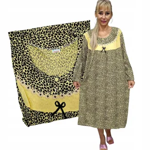 BAWEŁNA KOSZULA NOCNA panterka długi rękaw luźna piżama 50 52 5XL 6XL - Bielizna nocna - miniaturka - grafika 1