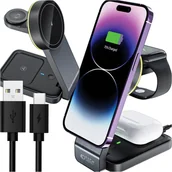 Ładowarki do telefonów - Ładowarka indukcyjna Qi Mag Safe 15W do iPhone Apple Watch AirPods 3w1 bezprzewodowa stojak czarna - miniaturka - grafika 1