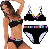 Stroje kąpielowe - PUSH UP STRÓJ KĄPIELOWY CZARNY KOLOROWE WSTAWKI PUSH UP L - miniaturka - grafika 1