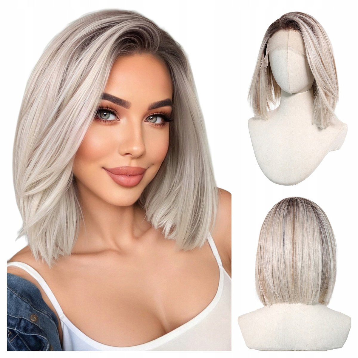 Peruka do ramion lace front platynowa prosta