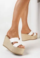 Klapki i japonki damskie - Białe Klapki na Wysokim Koturnie z Platformą z Ozdobną Plecionką Narsie - miniaturka - grafika 1