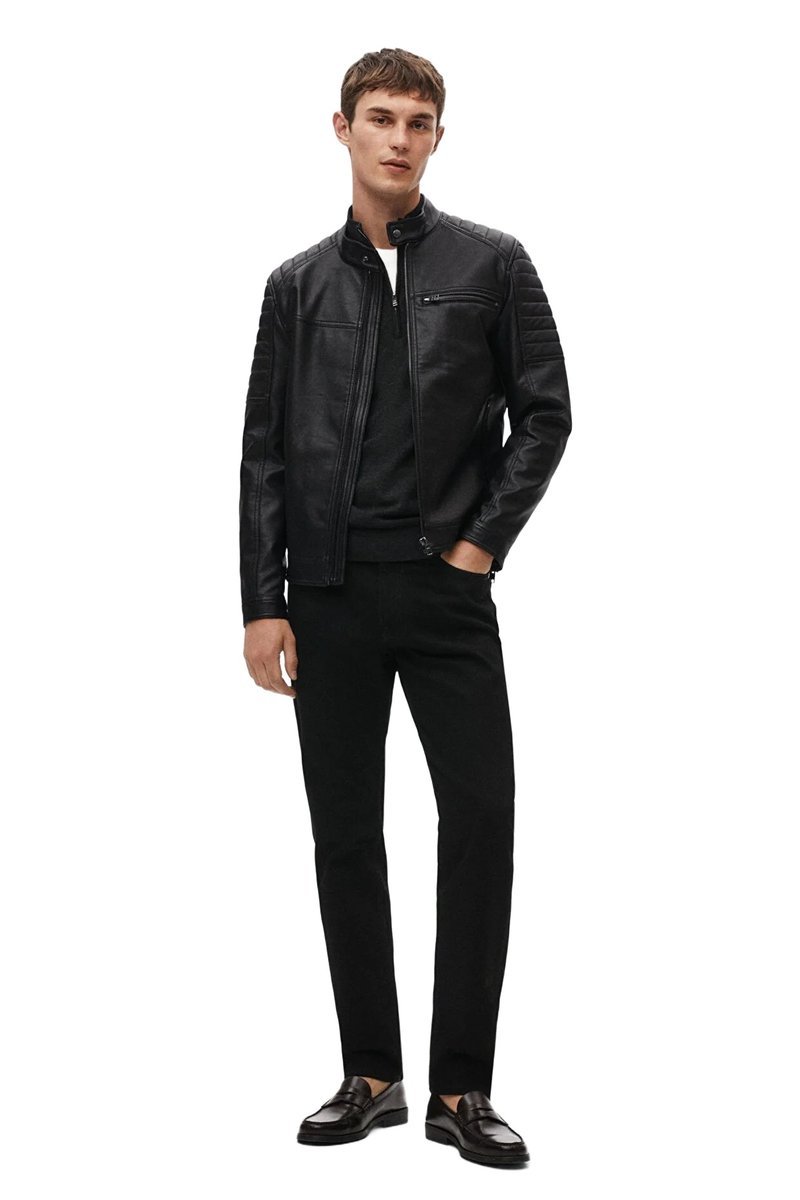 MANGO MAN CZARNA KURTKA MĘSKA RAMONESKA Z PIKOWANIEM NA RĘKAWACH XS 5DA