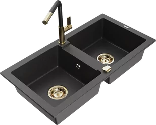 Mexen Mario zlewozmywak granitowy 2-komorowy z baterią kuchenną Flora, czarny nakrapiany - 6504-76-670401-57-G - Zlewozmywaki z baterią - miniaturka - grafika 1
