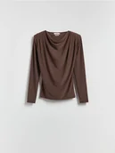 Bluzki damskie - Reserved - Bluzka z poduszkami na ramionach - ciemnobrązowy - miniaturka - grafika 1