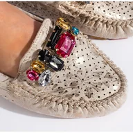 Mokasyny damskie - Goodin Złote damskie mokasyny ażurowe z kryształkami złoty - miniaturka - grafika 1