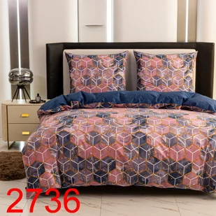 Pościel satynowa 140x200 różowa granatowa geometria - Pościel - miniaturka - grafika 1