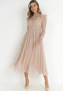 Beżowa Sukienka z Koronką i Tiulem Nemila - Sukienki - miniaturka - grafika 1