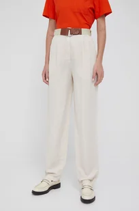 Emporio Armani Emporio Armani spodnie z lnem damskie kolor beżowy proste high waist - Spodnie damskie - miniaturka - grafika 1