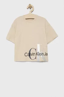Koszulki dla dziewczynek - Calvin Klein Jeans T-shirt bawełniany dziecięcy kolor beżowy - grafika 1