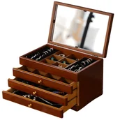 Pudełka i szkatułki - Szkatułka na biżuterię kuferek do biżuterii drewniana z lusterkiem, z szufladkami, brązowa - miniaturka - grafika 1