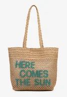 Torebki damskie - Ciemnobeżowa Torebka Shopper z Plecionki z Napisem Ulolanea - miniaturka - grafika 1