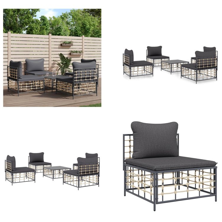 vidaXL 5-częściowy zestaw wypoczynkowy do ogrodu z poduszkami antracytowy rattan - Zestaw wypoczynkowy do ogrodu - Zestawy wypoczynkowe do ogrodu - Zestaw wypoczynkowy - Meble ogrodowe