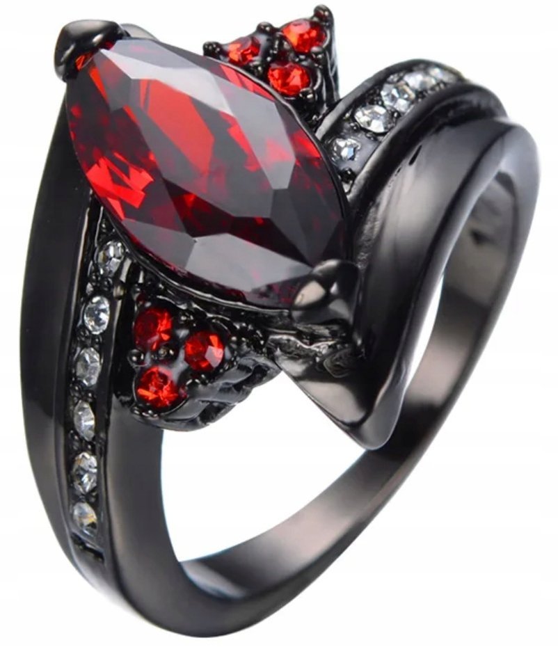 Pierścionek z Rubinem Czarny i Cyrkoniami Cyrkonia Rubiny Stal Chirurgiczna