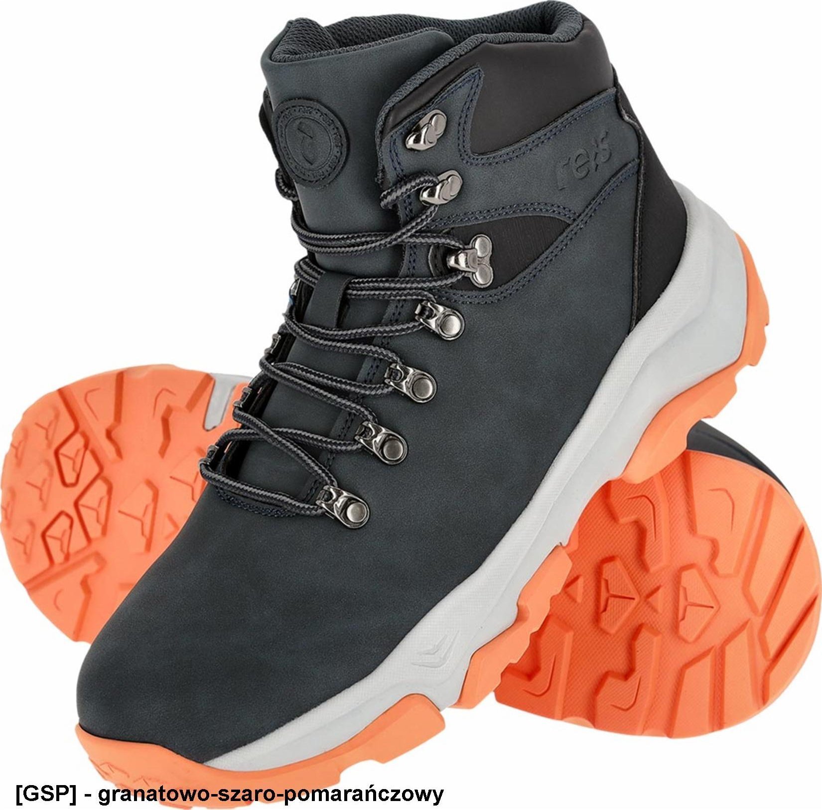 Buty trekkingowe męskie Reis BALPINE - Lekkie i wygodne trzewiki męskie wykonane z PU ze wstawkami z PVC podeszwa wykonana z phylonu oraz - granatowo-szaro-pomarańczowy 40