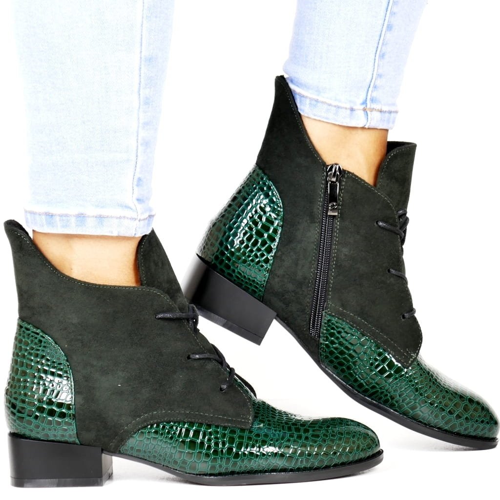 DAMSKIE BOTKI NA PŁASKIEJ PODESZWIE POTOCKI 12498 ZIELONE KROKODYL ZAMSZ