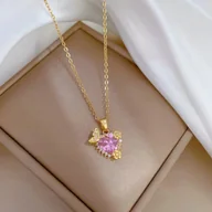 Naszyjniki - Złoty Naszyjnik z Turmalinem Sercem Motyl Kwiat Cyrkonie Stal Szlachetna - miniaturka - grafika 1