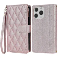 Portfele - Do Iphone 16 Pro Max Portfel Etui na telefon Szycie Skórzana klapka z paskami Różowe złoto - miniaturka - grafika 1