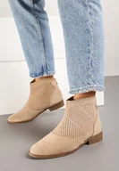 Botki damskie - Beżowe Botki Vices z Ekozamszu z Ażurową Cholewką Selianae - miniaturka - grafika 1
